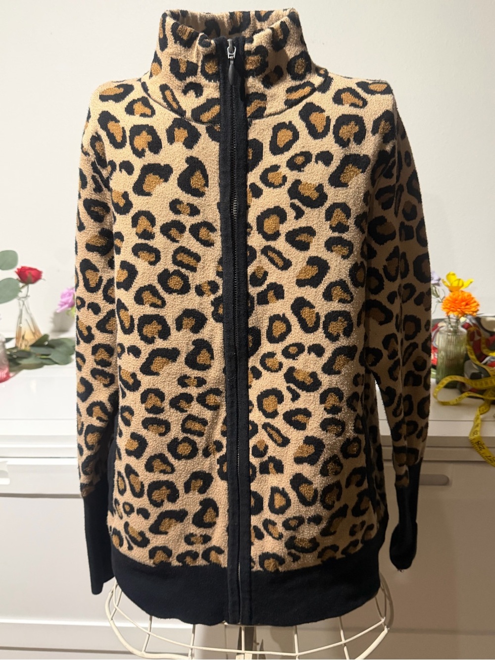 Rachel Zoe Leopard-Pattern Zip Front sweater in Tan, Black and Gold